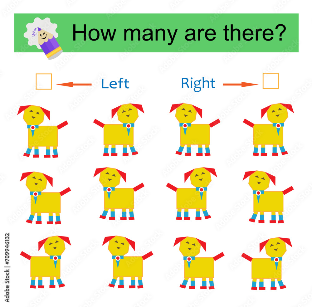 Left or Right. Educational game for kids. Count how many animals are turned left and how many are turned right.
