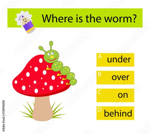 Educational material for kids. Learning prepositions. Where is the worm?