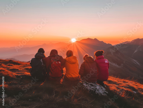 Group of hikers standing on top of a mountain and looking at the sunset