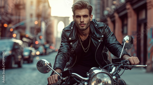Portrait of a handsome brunette man in a leather jacket on a motorcycle against the backdrop of New York streets.