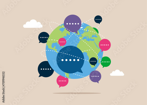 Productive dialogue or conversation between on world map across globe. Flat vector illustration