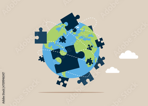 Teamwork, partnership and solution on world map across globe. Flat vector illustration