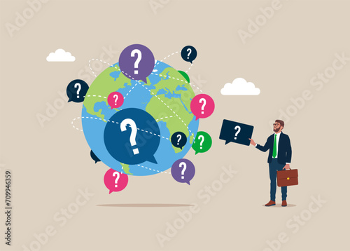Businessman put new question mark on world map across globe. Confusion problem or doubt, lost in trouble or complexity, misunderstanding.