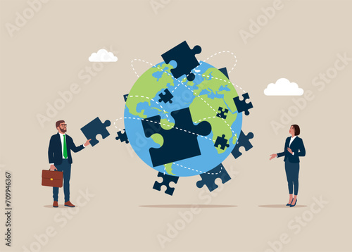 Teamwork, partnership and solution concept. Businessman put new branch puzzle on world map across globe. Flat vector illustration