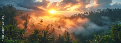 Sunrise illuminates misty rice terraces with rays of light piercing through palm trees in a tranquil tropical landscape