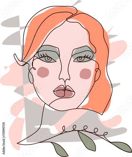 Linear vector illustration. Abstract stylish female portrait in one line on the background of abstract figures