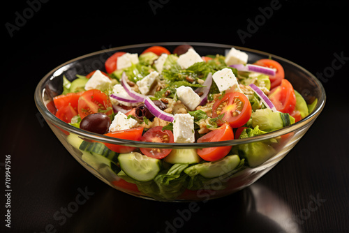 A Greek salad of cheese and veggies is pictured isolated on a dark background.
