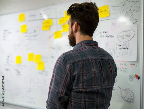 Young handsome businessman standing in front of whiteboard with adhesive notes on it