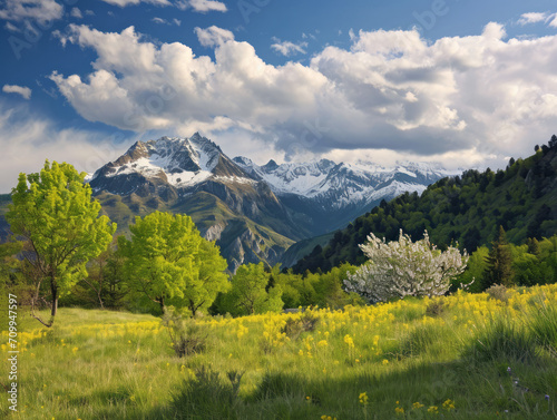 Beautiful spring landscape with blooming meadow and snow-capped mountains