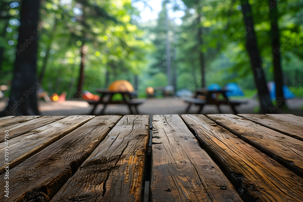 Fototapeta premium Wooden Table Foreground, Blurred Camping Setting Background, Campsite Adventure