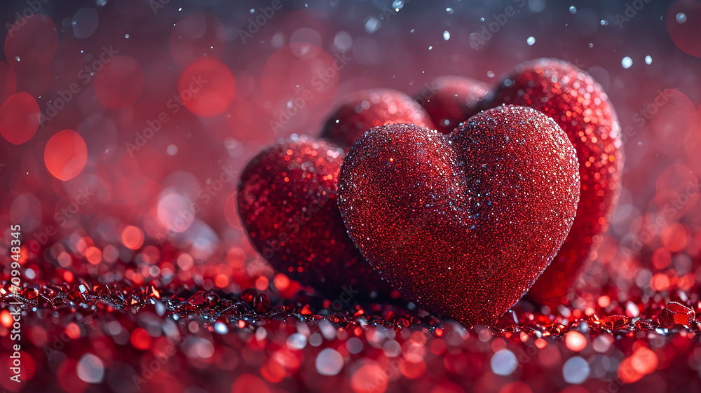 Valentines day Background of two red heart shape love made with glowing glitter bokeh image