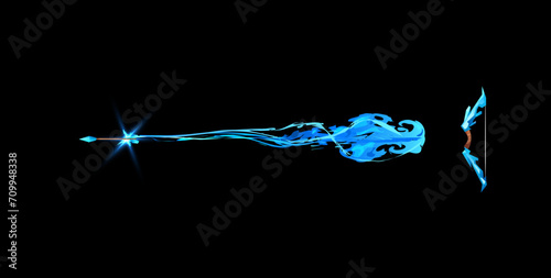 Bow with shooting arrow, blue explosion beam trace, vector wizard archery rays weapon for game, magic warrior asset