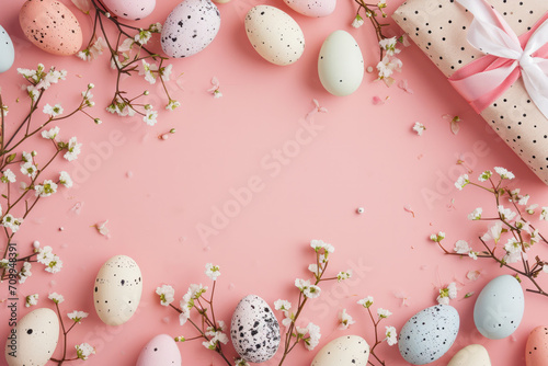 Ester Eggs on a pastel minimalistic backgorund  place for a text  Easter banner 