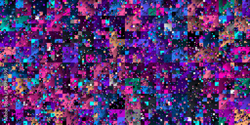 Seamless geometric pattern with random size flat layered multicolored squares and diagonal shadows. Modern trendy technological rectangular pattern design for banner, poster, fabric print or textile
