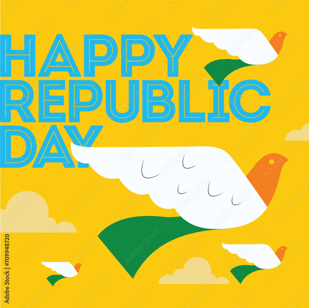 Happy Republic Day celebration concept with flying birds illustration with Indian flag colors background
