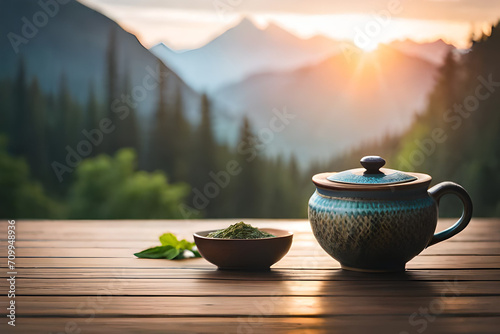 asian tea cup set , healthy herbal infusion in asian landscape photo