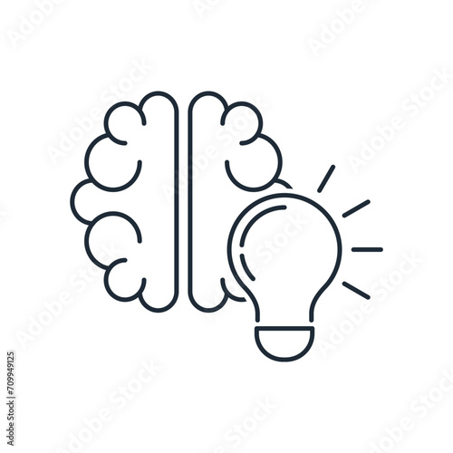 Human brain and glowing light bulb. New thinking. Creative solution. Vector linear icon isolated on white background.