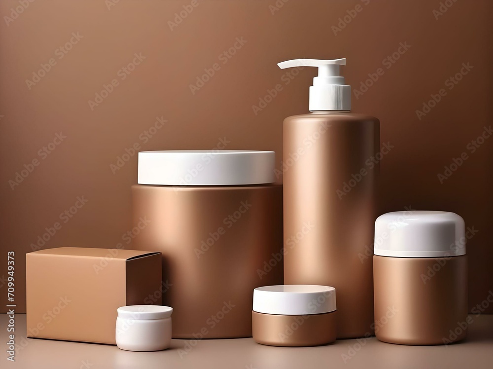 Composition of boxes and cosmetic bottles on brown background Composition of boxes and cosmetic bottles on brown background