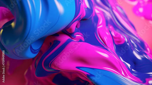 A macro close-up of a gleaming liquid surface in striking shades of hot pink, electric blue, and neon green, with a gentle blur, 3D depicting exuberance.
