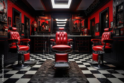 Barber shop interior with red chairs and mirrors. Barbershop concept.