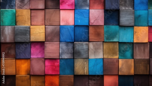Colorful Wooden Blocks Close-Up: Stacked Stained Wood for Vibrant Background Texture © panumas