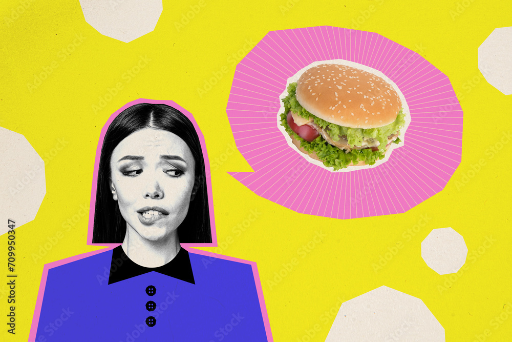 Obraz premium Photo collage young girl looking seductive sandwich hamburger tempting food junk meal unhealthy calories fresh breakfast lunch cafe menu