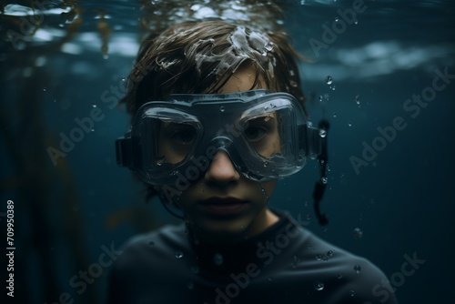 Close-Up Focus: Young Boy's Face Swimming in Deep Blue Water Captured in Detailed Shot © panumas