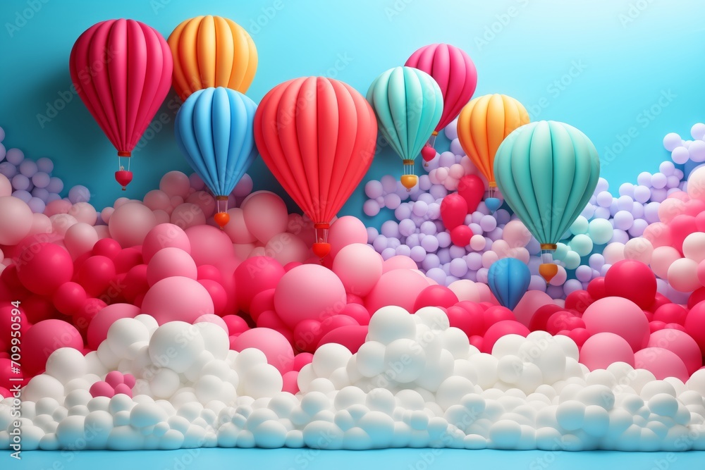 Rainbow Clouds and Balloons 3D Set, Multi-Layered Collage-Like Style, Minimalist Stage Design Concept