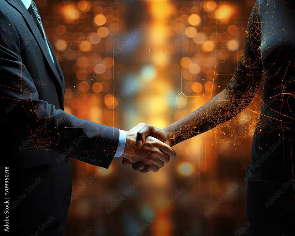 A business handshake between a man and a woman symbolizes equal gender partnership in the business world, generative AI