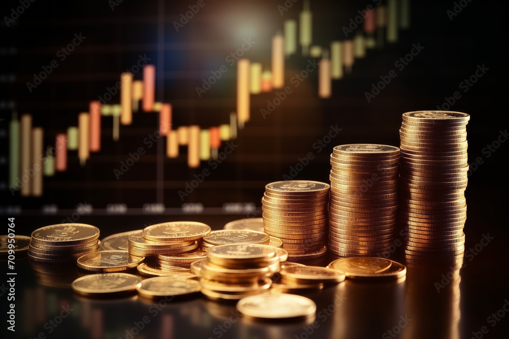 Gold Money Business Graph, Finance Chart on Economy Coin Background, Growth Financial Data, Investment Market Profit Bar, Success Market Stock Technology Currency Report