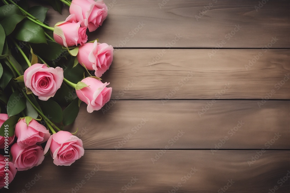 Pink Roses, Rustic Wood Background, Floral Arrangement on Vintage Surface for Elegant Decoration