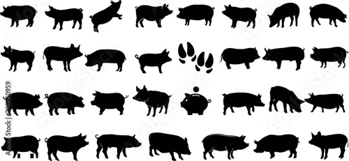 Black pig silhouettes on white background, diverse pigs vector collection. Ideal for agriculture branding, meat store logos, educational materials, and countryside imagery
