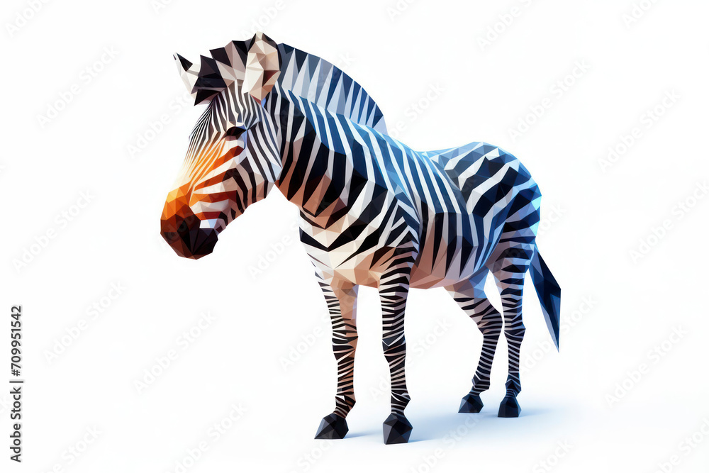 Fototapeta premium Low poly image of a zebra on solid white bright background. ai generative