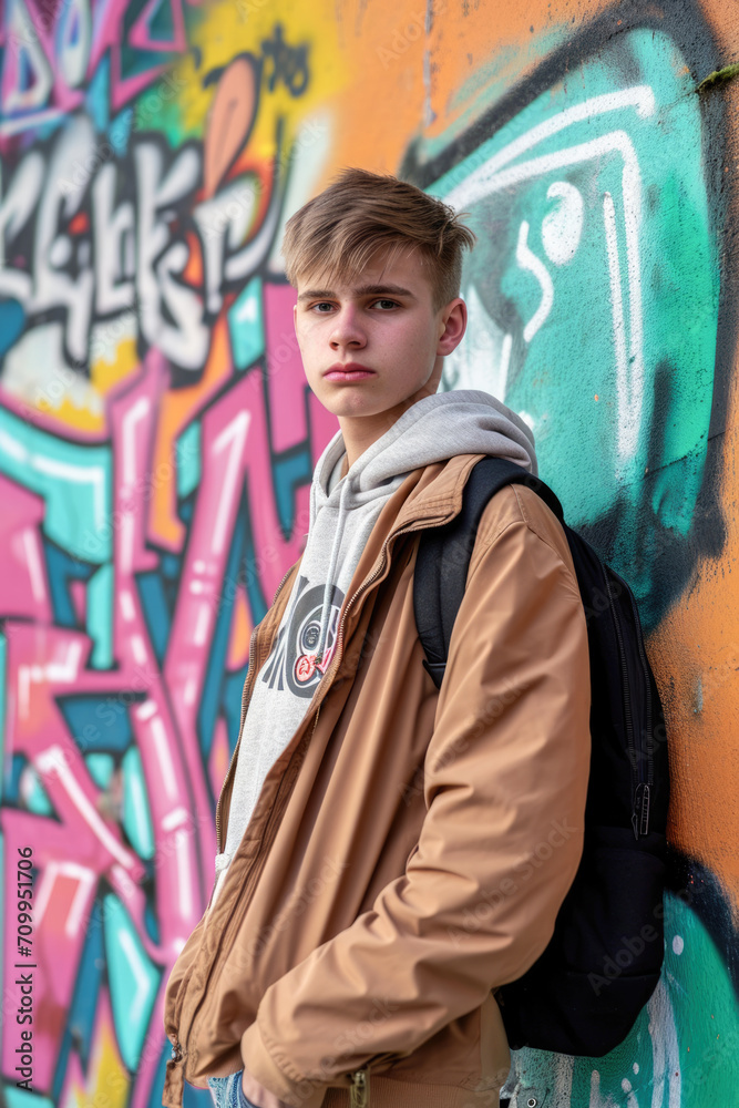 Fashionable teenage guy standing in front of graffiti.