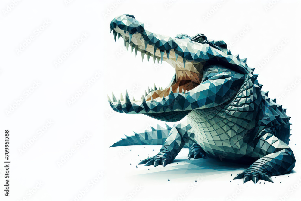 Low poly image of Crocodile on solid white bright background. ai generative - obrazy, fototapety, plakaty 