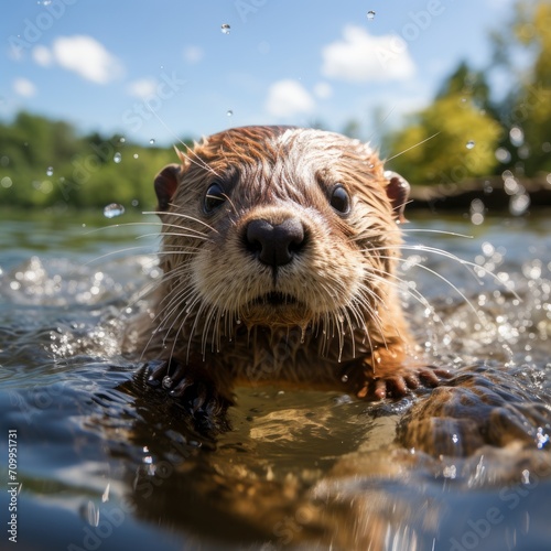 Photo of a baby otter floating on its back in a clear river. Generative AI