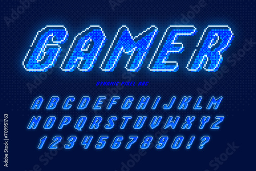 Dynamic pixel neon alphabet design, stylized like in 8-bit games.