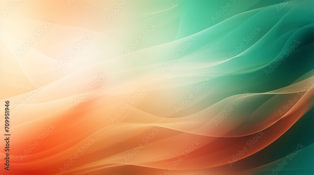 Colorful abstract wallpaper with waves. Drapery abstract background, flow of colorful fabric of tissue. Aquamarine, green and orange, dynamic colors, air, Peach Fuzz, flames