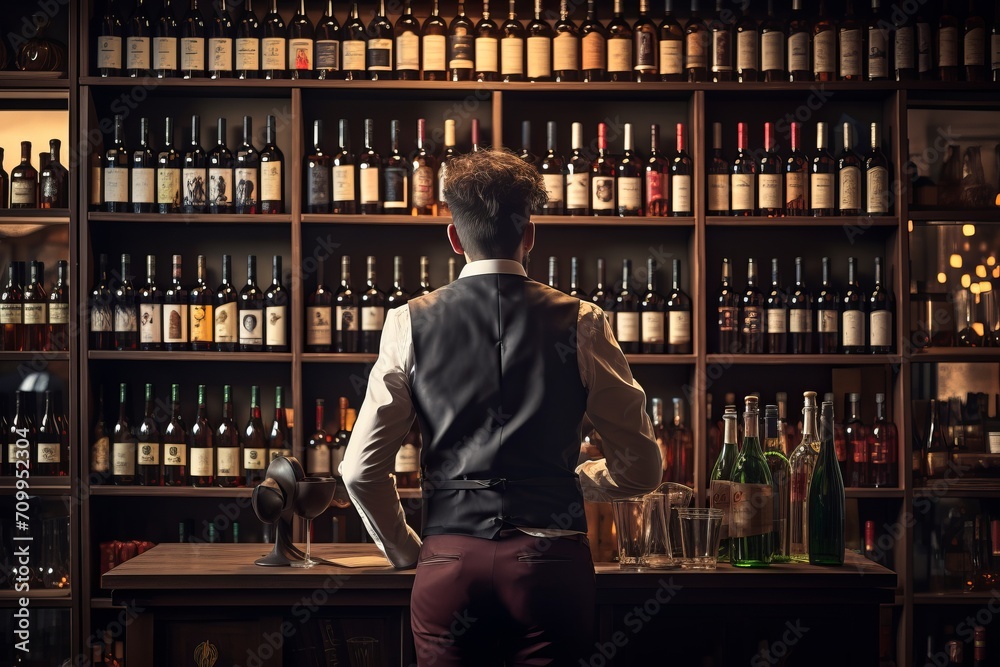 Sommelier Admiring Extensive Wine Collection