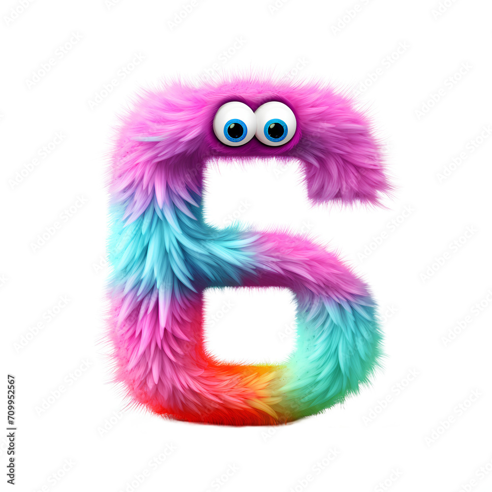 Pink fluffy playful png english alphabet 6 with big fur and eyes. 