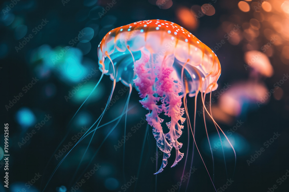 a lot of neon jellyfishes in aquarium a lot of neon jellyfishes in aquarium