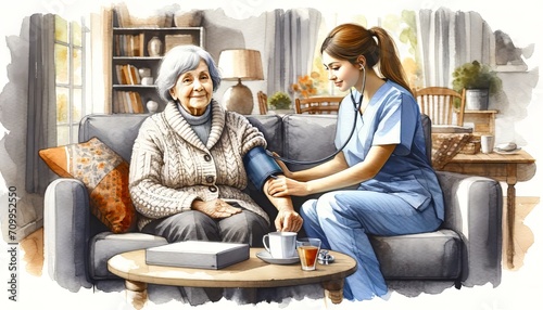 This is a tender image of a nurse checking the blood pressure of a smiling elderly woman in a cozy living room.