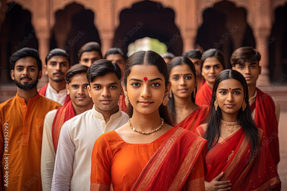Vibrant capture of Indian teenage girls and boys adorned in traditional dresses, celebrating cultural richness and festive joy