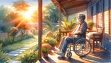 The image depicts an elderly man sitting in a wheelchair on a porch, enjoying a sunset in a lush garden.