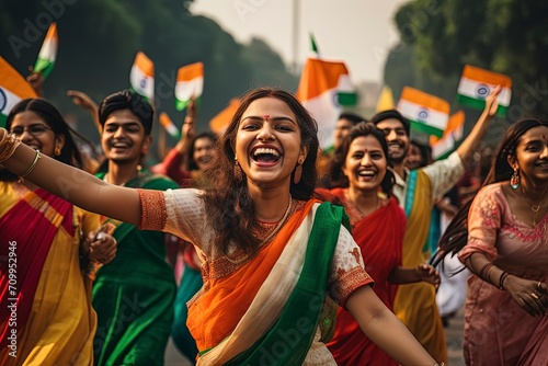 A vibrant portrayal of Indian Independence Day joy, featuring spirited teenage girls and boys in a festive celebration