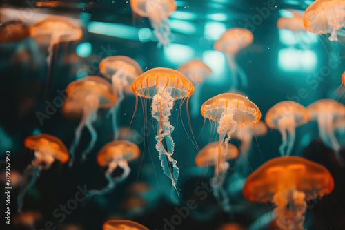 a lot of neon jellyfishes in aquarium