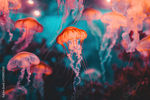 neon jellyfishes in aquarium 