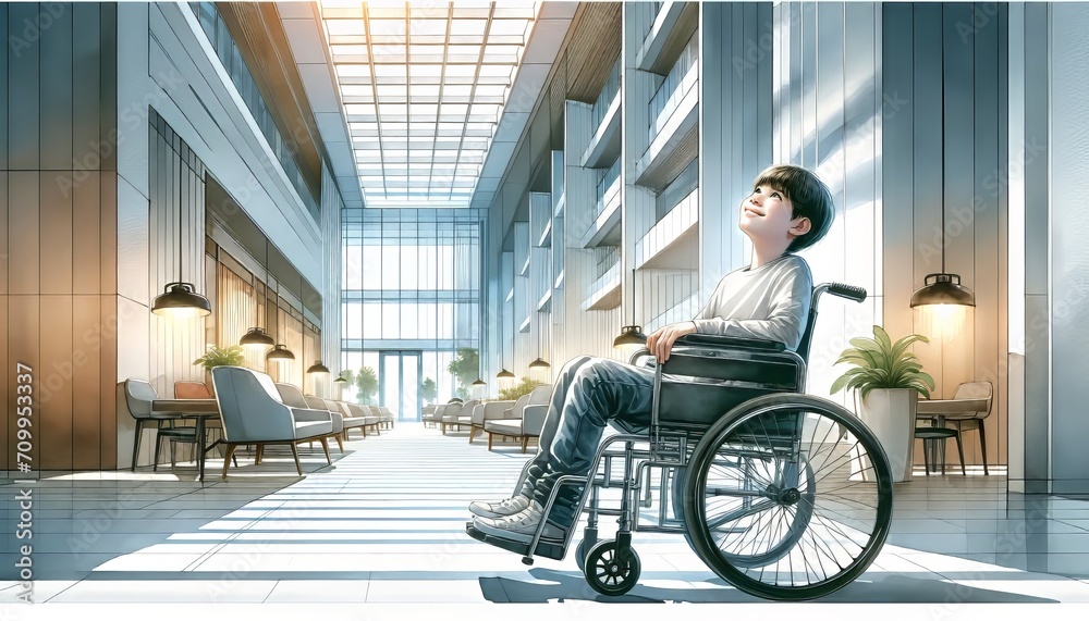 The image shows a young boy in a wheelchair looking up with a hopeful expression inside a modern, sunlit lobby. The image shows a young boy in a wheelchair looking up with a hopeful expression inside a modern, sunlit lobby.