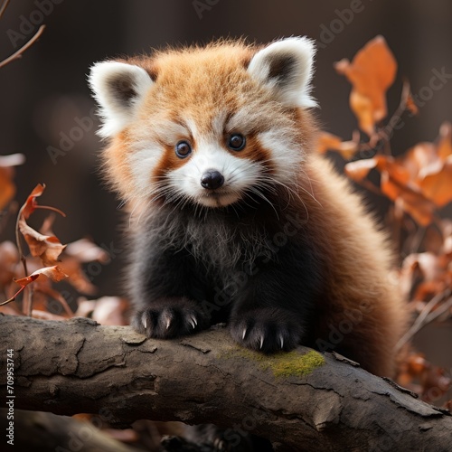 Photo of a baby red panda with a bushy tail. Generative AI