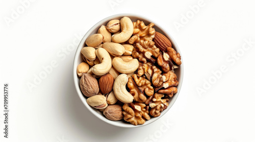 bowl of different nuts , top view,  isolated